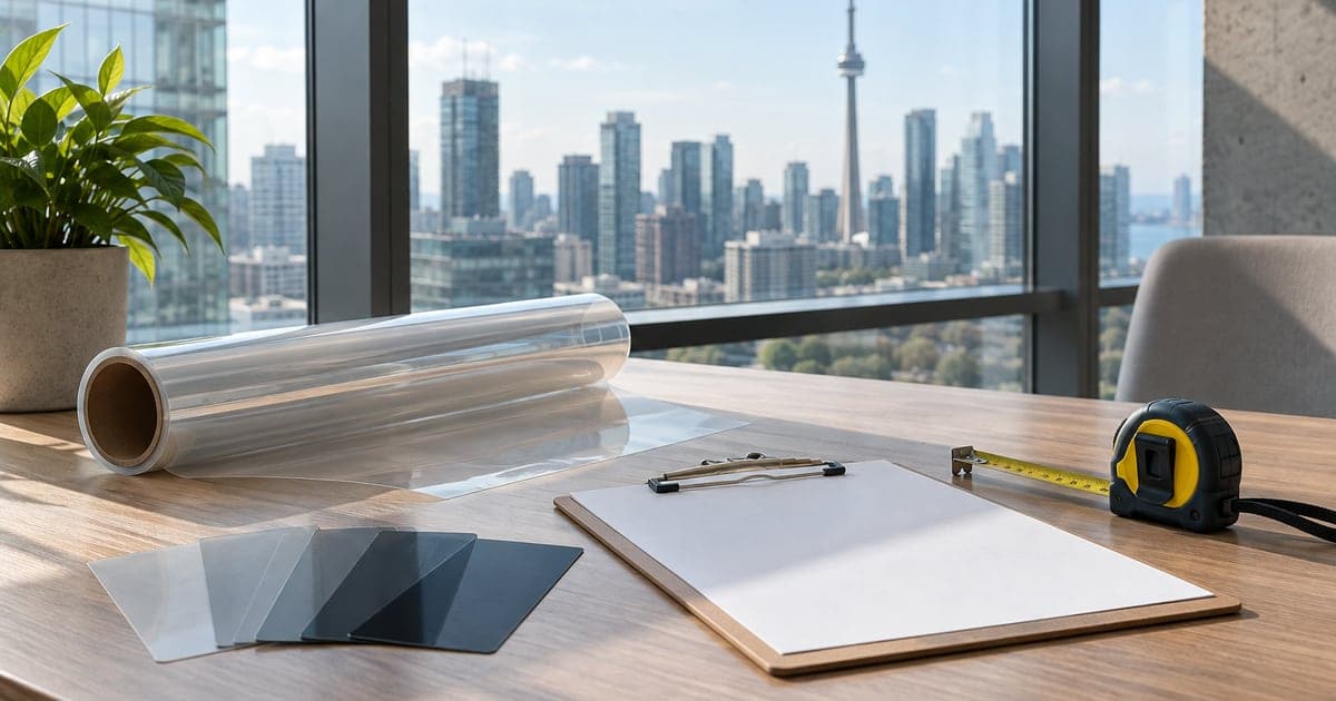 Film samples, a blank clipboard and an assessment kit beside a commercial window