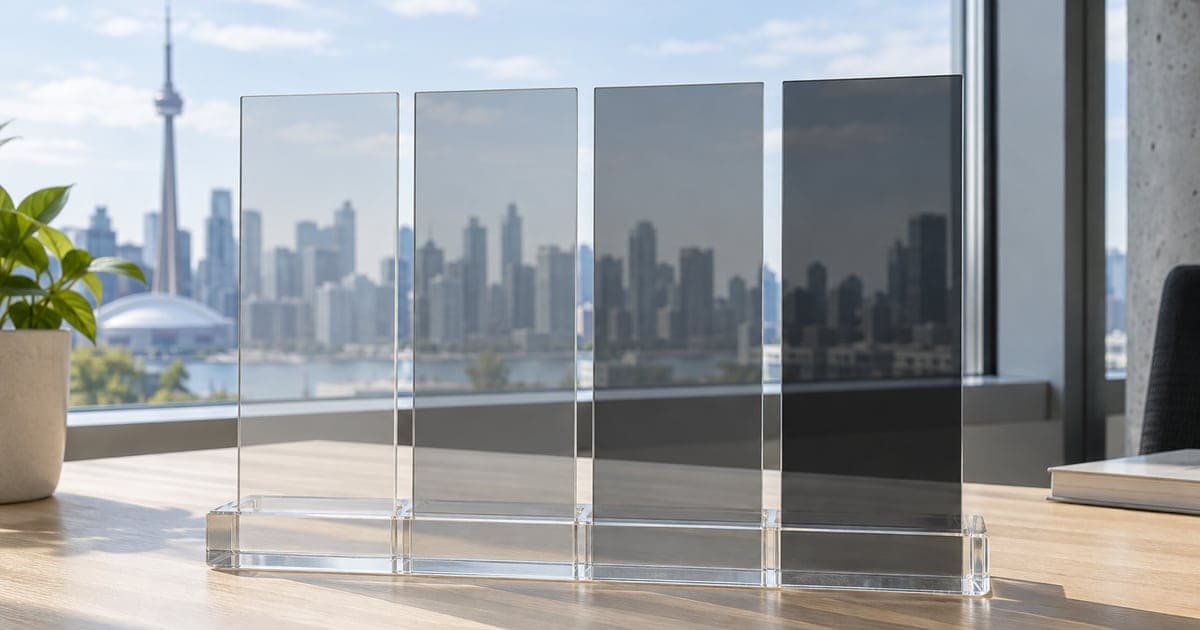 Four unlabelled neutral film samples with progressively darker shades beside an office window