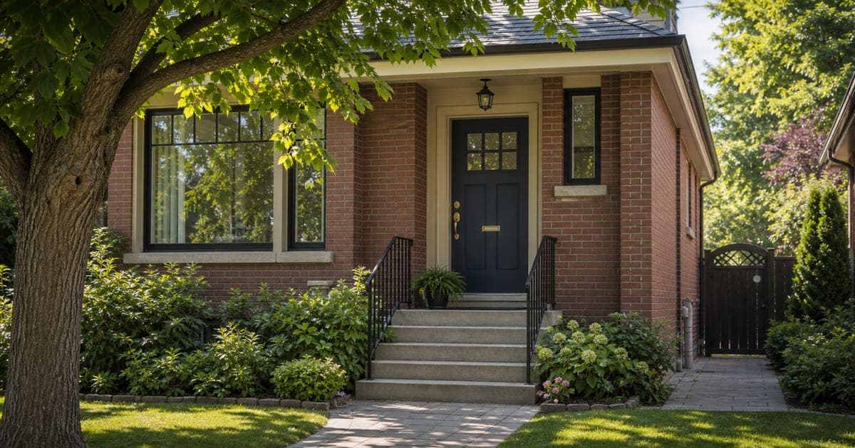 Detached GTA home viewed from the front walkway with the front entry and side path visible