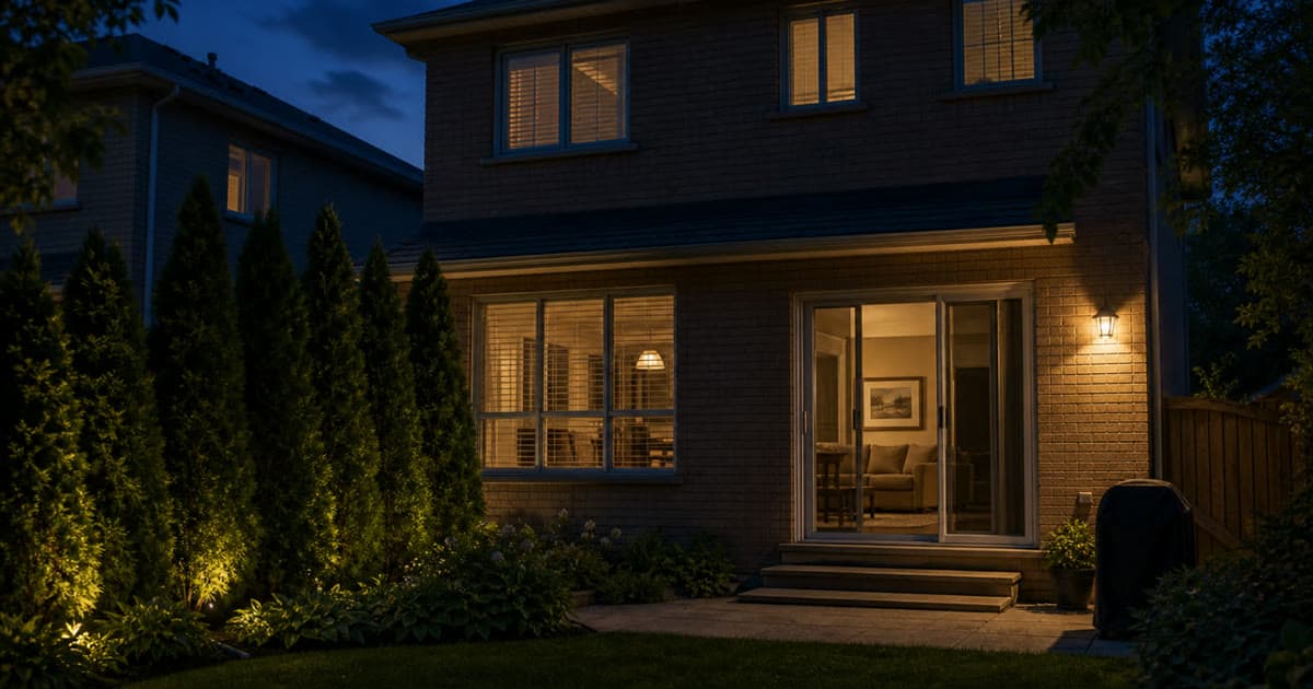 GTA residential streets at night with warm porch lights and dark driveways, quiet suburban security mood