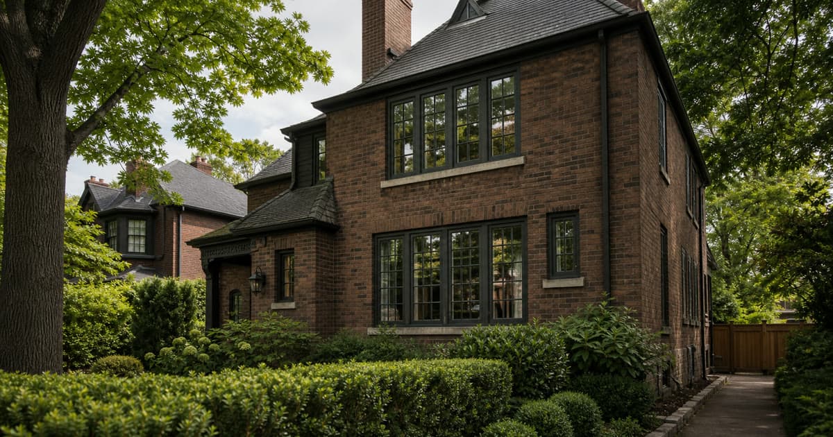 Exterior of a 1930s Toronto brick detached home with multi-pane side-elevation windows and mature hedging, warm afternoon light