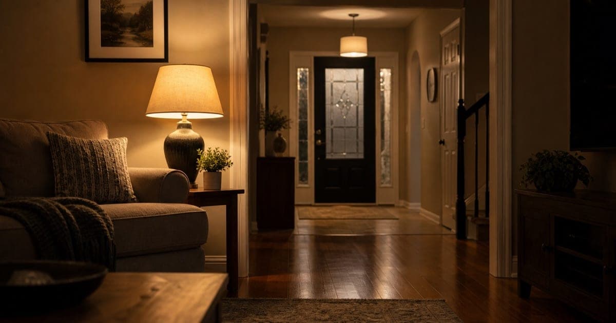 Warm interior of a GTA family home at night with living room lamp lit and hallway visible in soft warm light