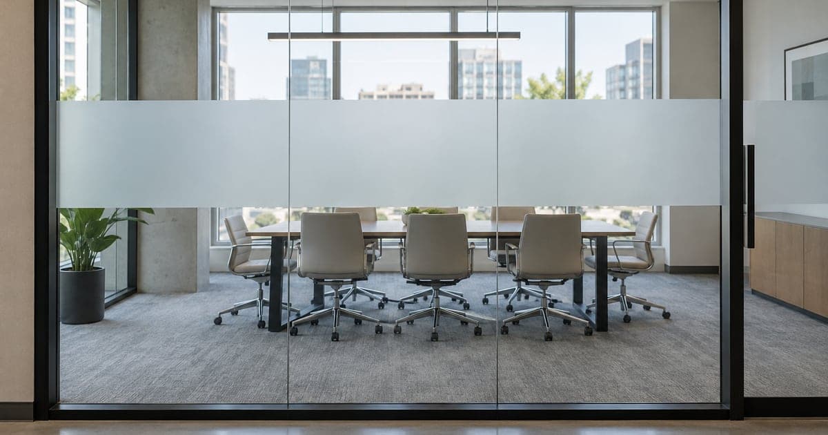 Glass meeting-room partition with a broad frosted band and clear glazing above and below
