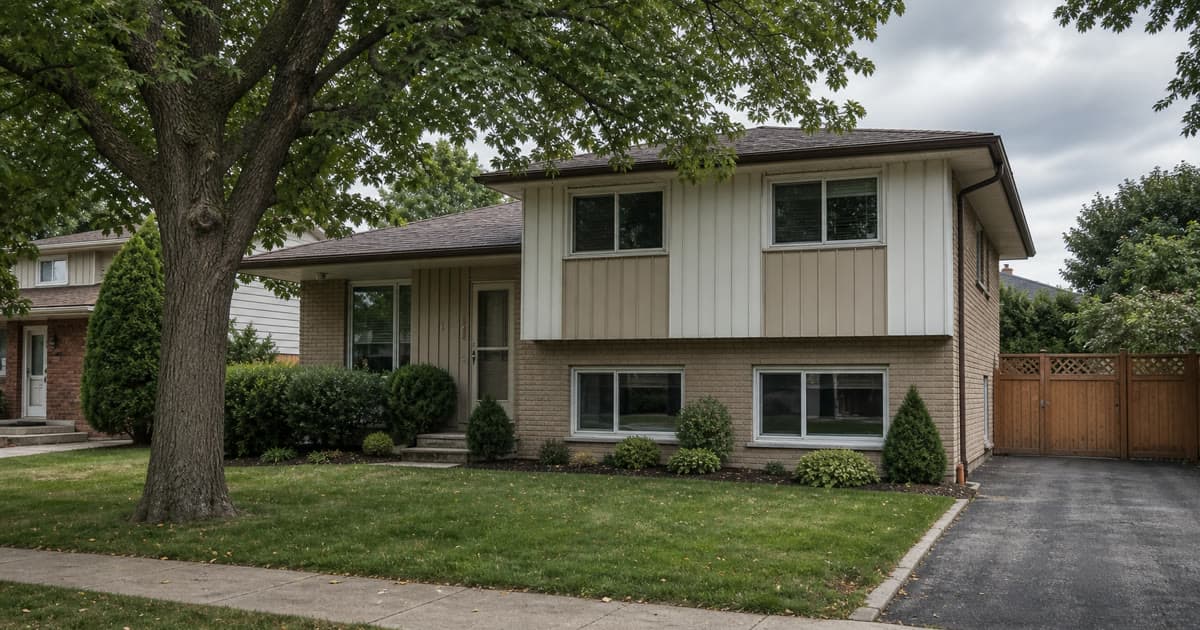 Exterior of a 1970s Mississauga split-level home with original aluminum-frame ground-floor windows and mature suburban landscaping