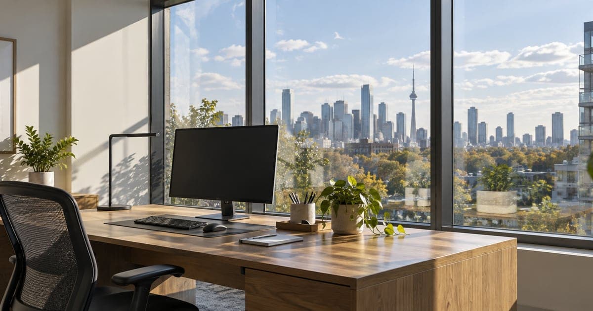 Office desk and monitor beside tall windows in natural afternoon light