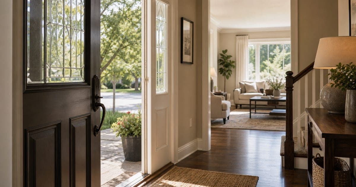 Interior view of a residential home entryway or living room showing an open front door and welcoming entry space