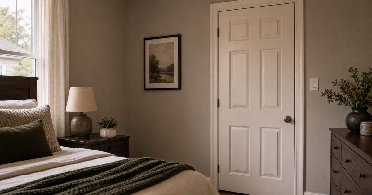 Interior view of a residential bedroom door and door frame, showing the door closed from inside the room