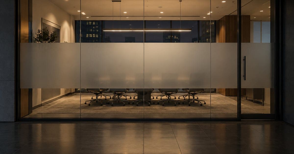 Frosted glass meeting-room partition viewed from a darker corridor with the room lights on