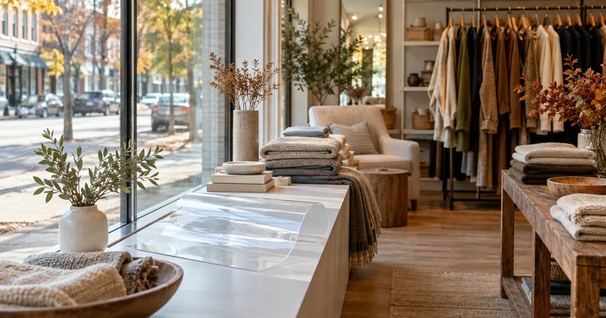 Unbranded retail display beside storefront glazing with textiles and a clear film sample