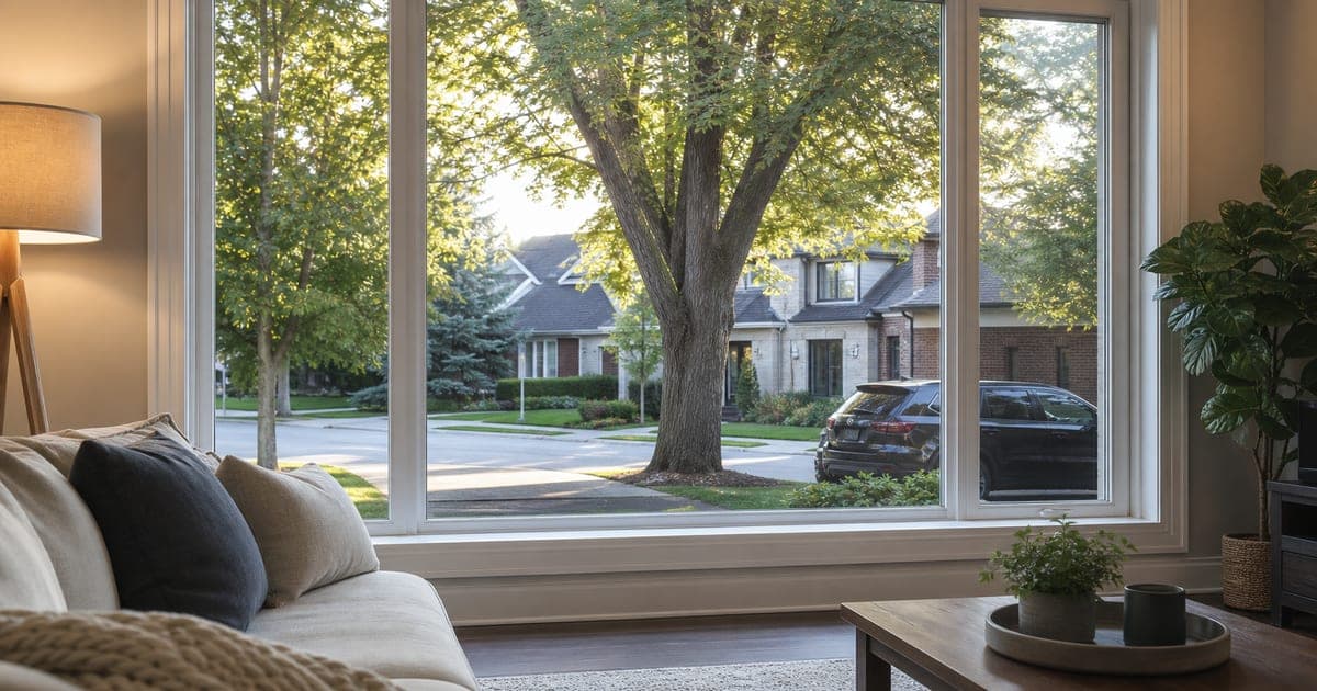 Bright GTA living room looking through a large clear residential window toward a tree-lined street