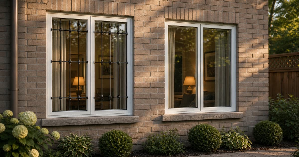 Two residential ground-floor windows side by side — one with a metal security grille, one with clear security film applied to the interior surface