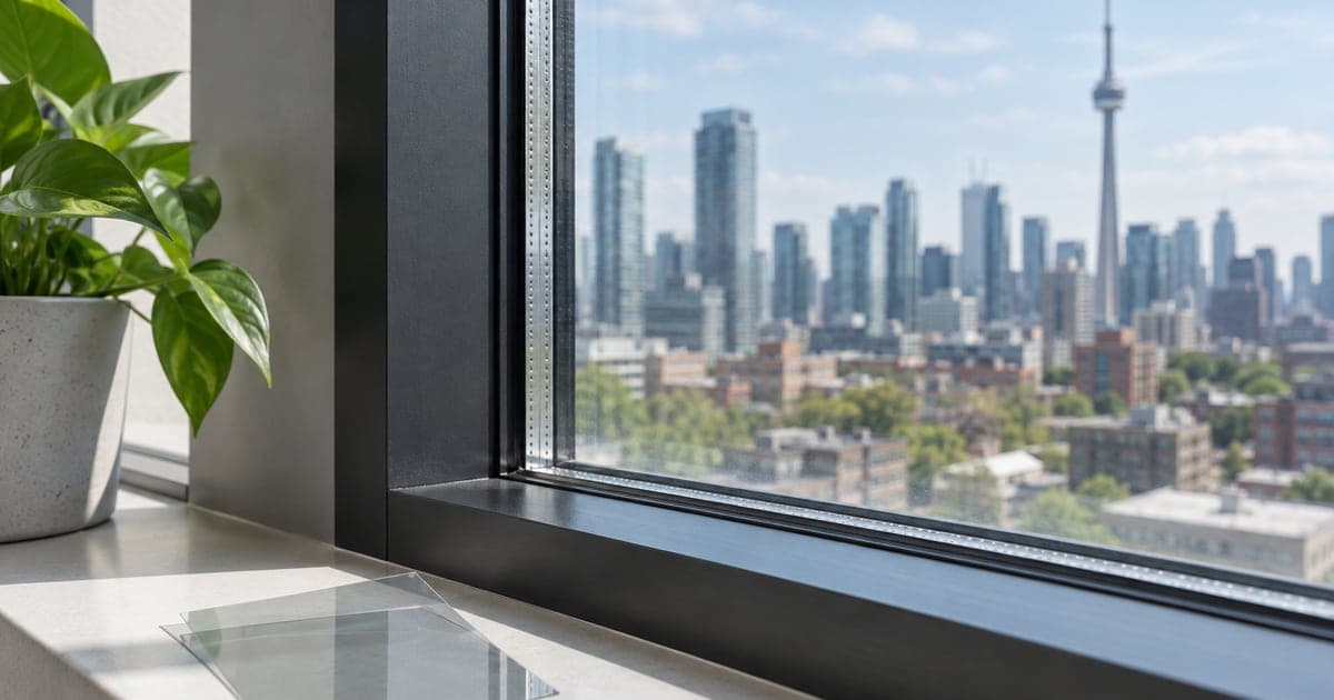 Commercial insulated window frame and double-glazing spacer edge with a clear sample on the sill