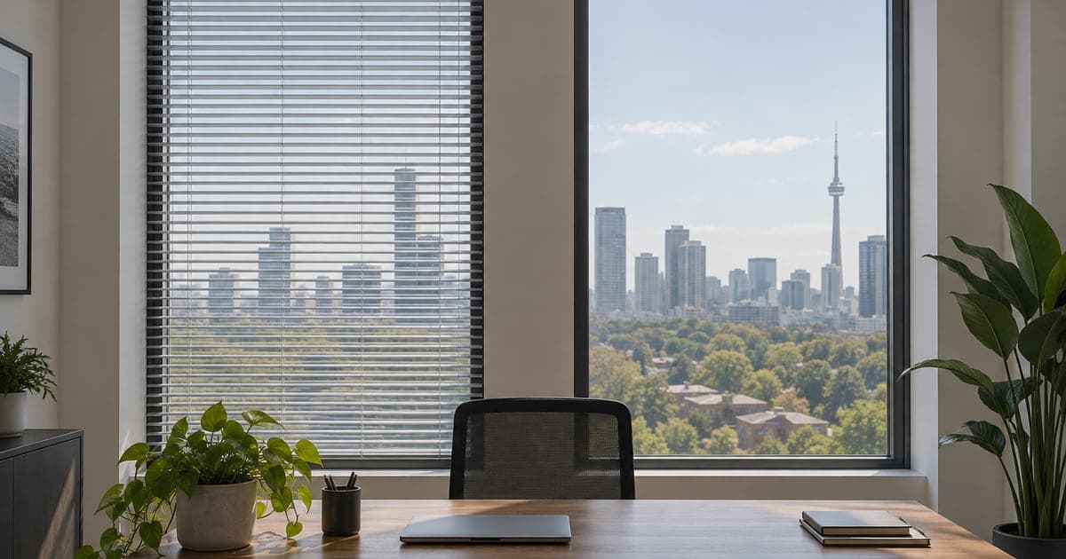 Adjacent office windows with partially closed blinds on one and unobstructed glazing on the other
