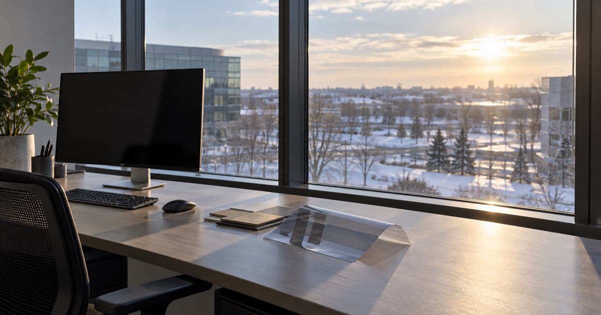 Winter office workstation beside commercial glazing with low sunlight and an unbranded film sample