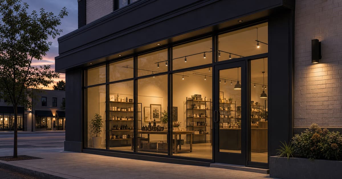 Independent GTA retail storefront at dusk with large clear display glazing and warm interior lighting