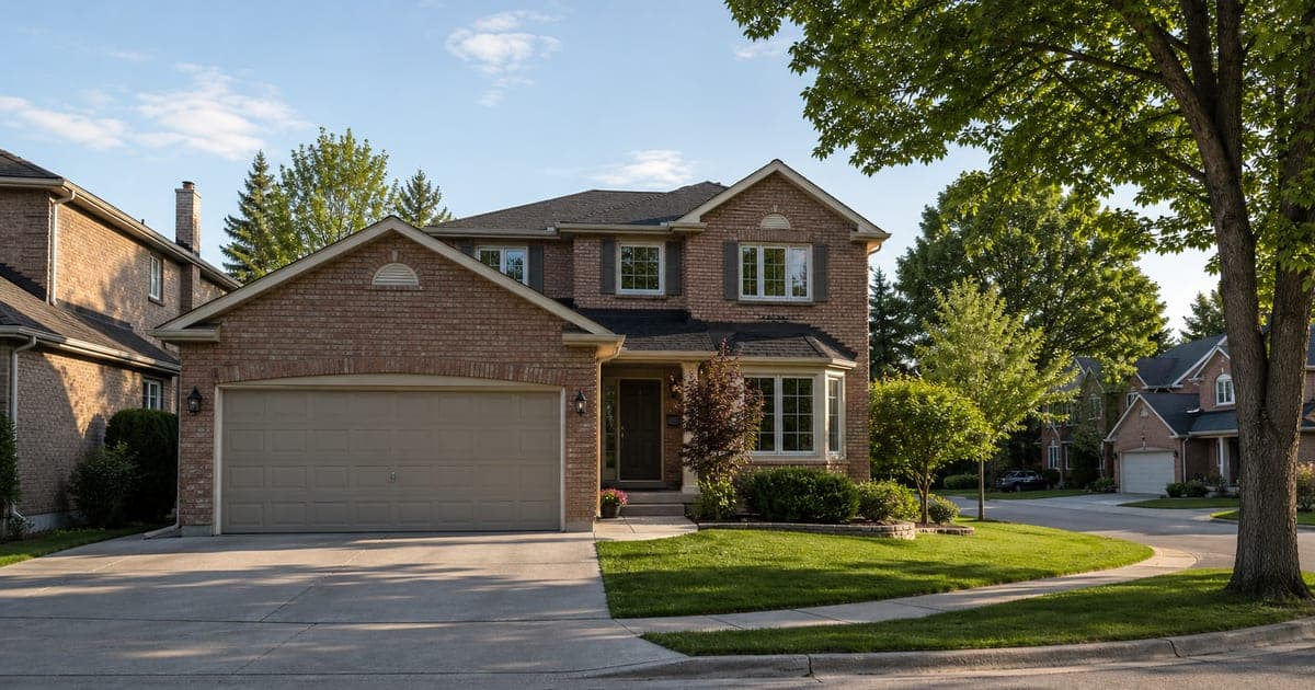 Brick two-storey home with an attached garage on a quiet tree-lined Thornhill-area crescent