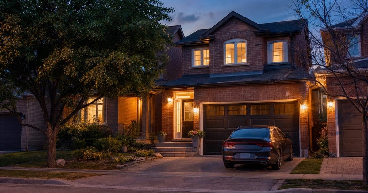 GTA suburban attached-garage home at dusk with car in driveway