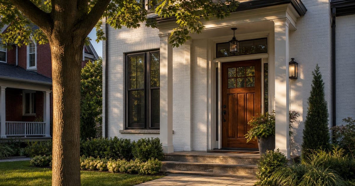 Detached GTA home viewed from the front walkway with the entry, ground-floor windows, and mature landscaping visible