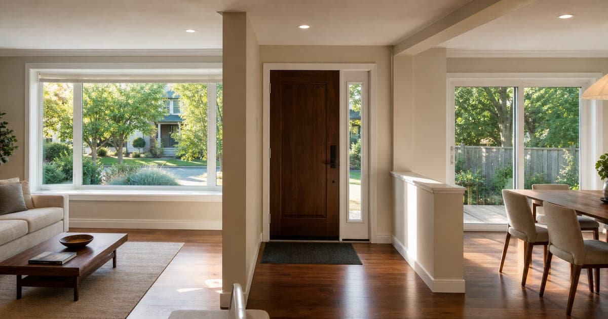 Bright ground floor with a picture window, front-door sidelight, and rear patio slider
