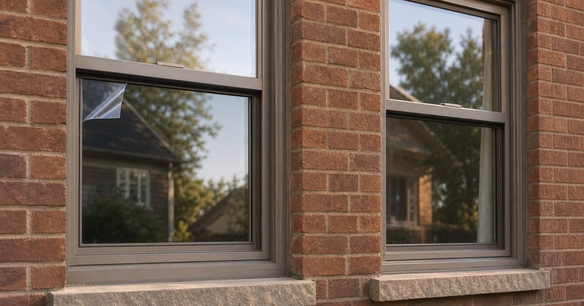 Side-by-side comparison of a residential window with visible security film application next to an untreated window on brick home exterior