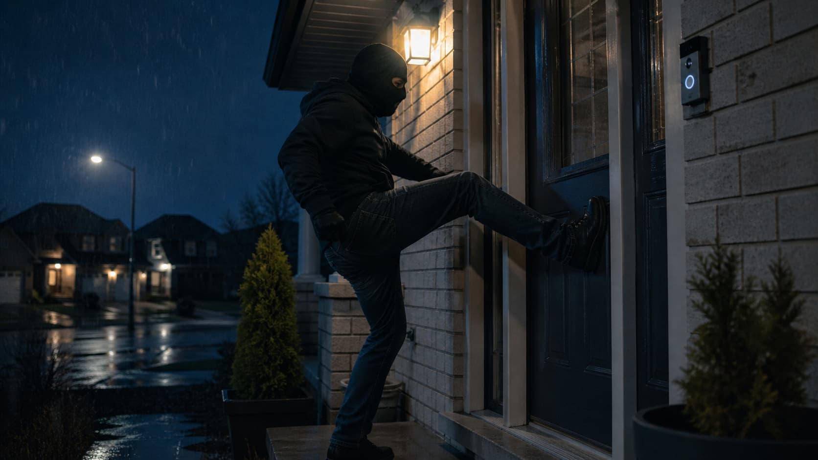 Intruder attempting forced entry through a front door