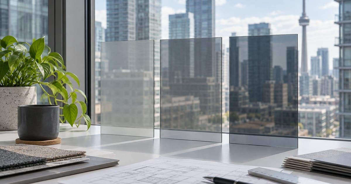Three unlabelled neutral film samples on an office table beside commercial glazing