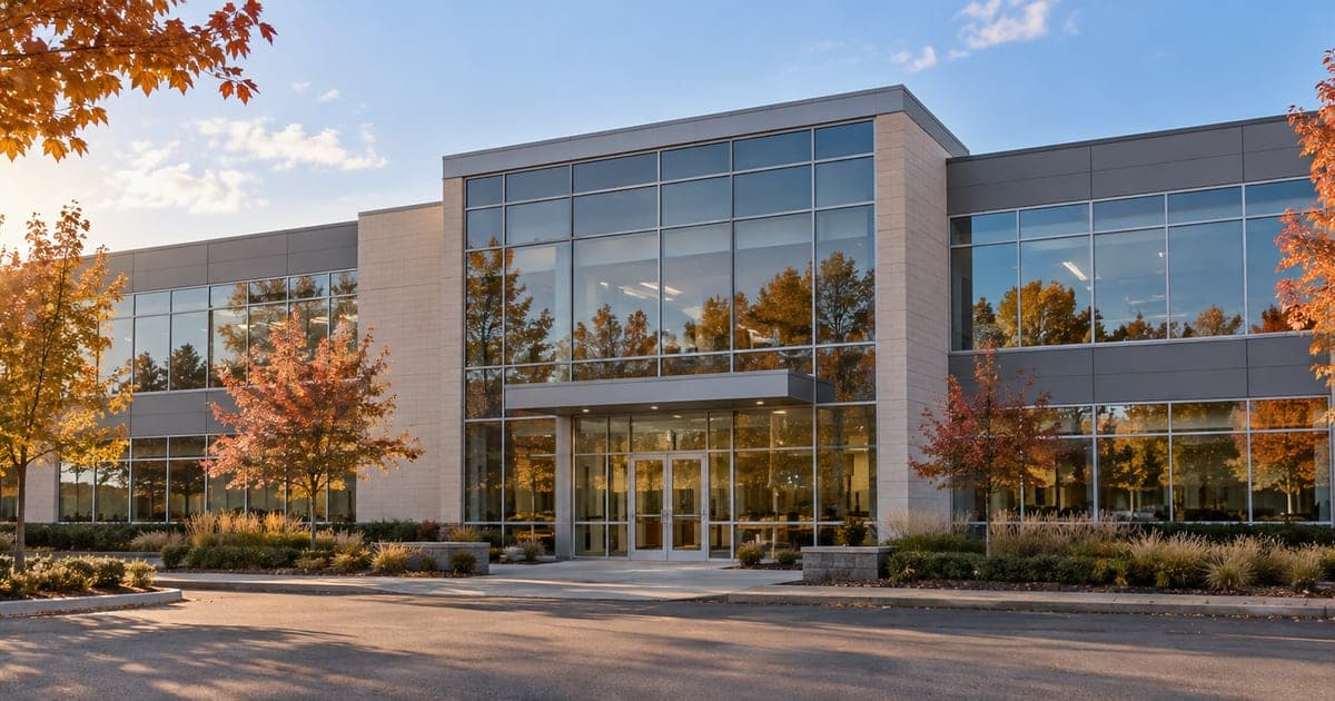Low-rise office building with substantial window glazing in warm autumn daylight