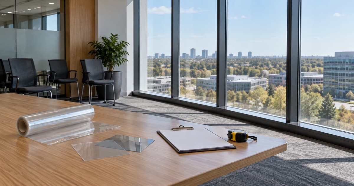 Commercial office glazing with unbranded film samples, a blank clipboard and clear access to the windows