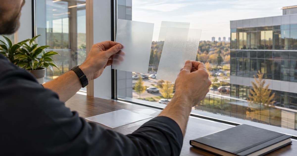 Commercial film samples being compared against office glazing in ordinary daylight