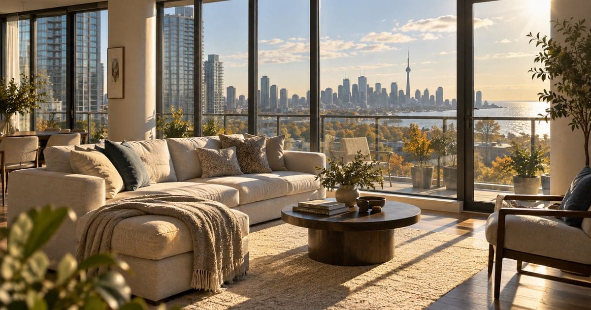 Sunlit Toronto condo living room with warm autumn light and towers beyond the windows