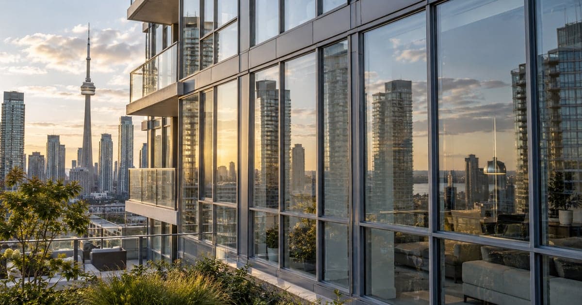 Toronto condominium facade with consistent neutral glazing and subtle sky reflections