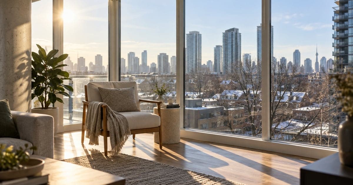 Sunny early-spring condo living area with bare trees and residual snow outside