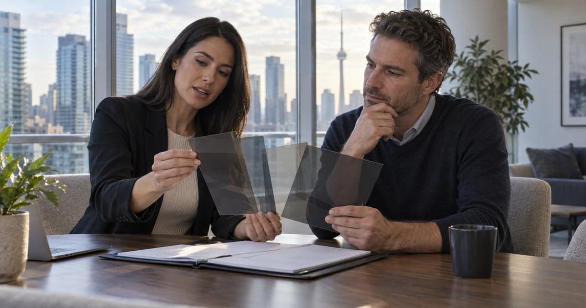 Condo resident and property manager reviewing transparent film samples beside a window