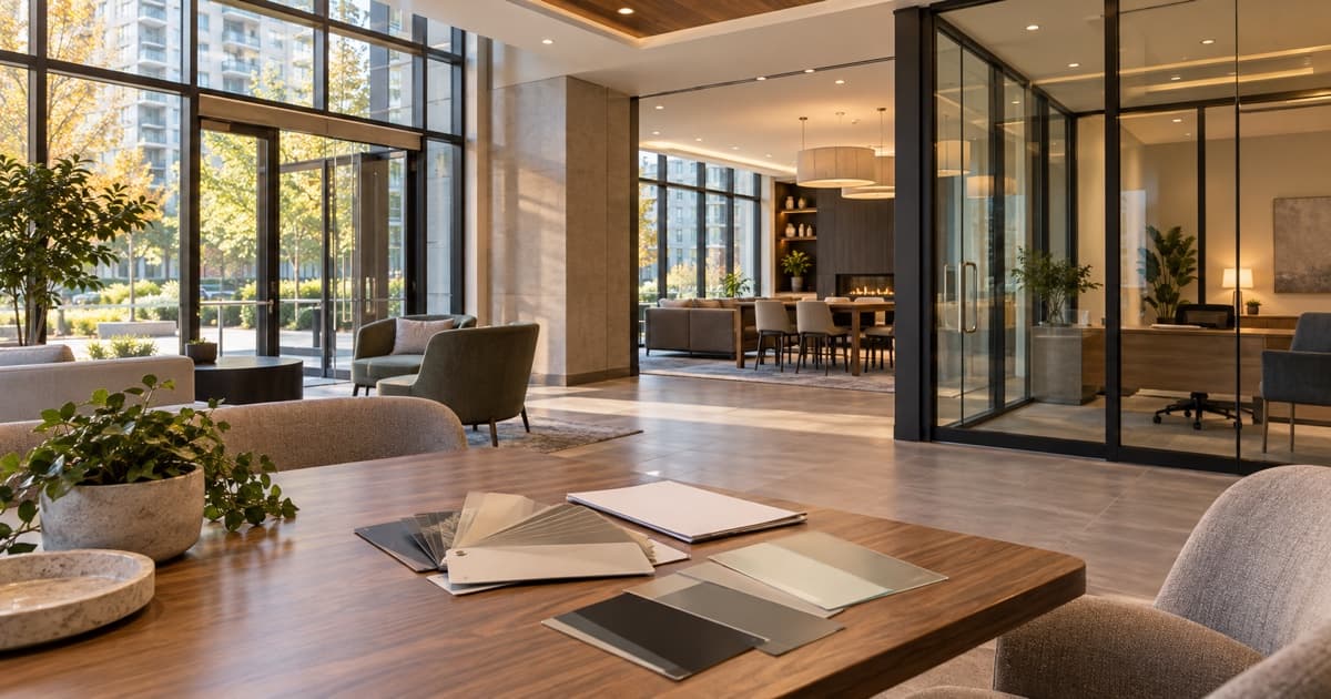 Condominium lobby, amenity lounge and glass management office with unbranded film samples