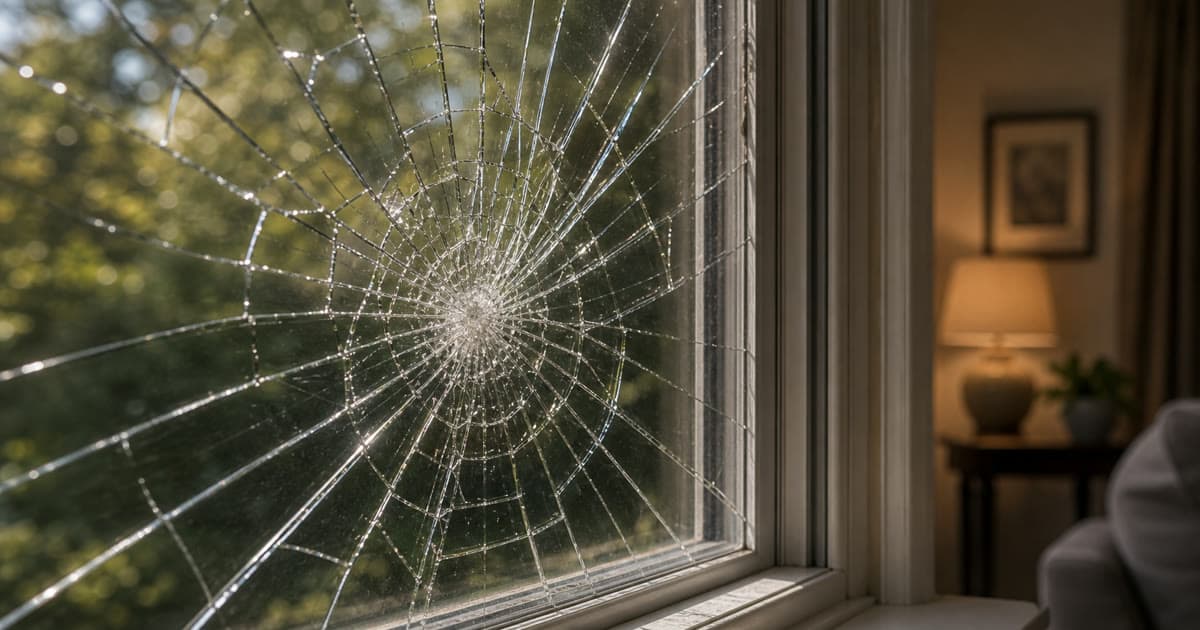 Residential window pane shattered on impact but held intact in the frame by security film, glass fragments adhered together in a spider-web pattern