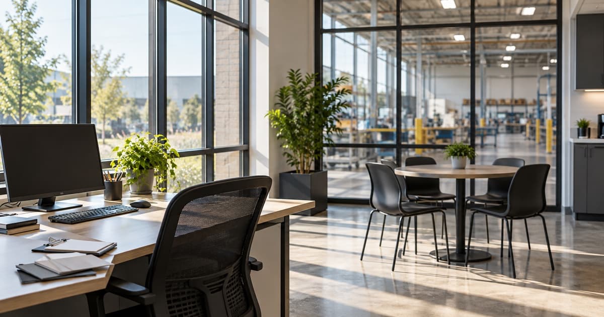 Sunlit industrial administration office and staff seating beside commercial glazing and a production area