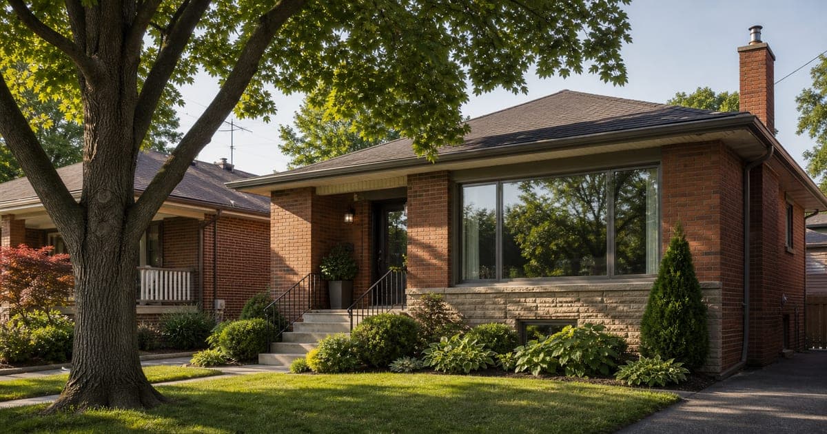 Brick Leaside-style bungalow with a large front window, lower-level glass, side drive, and mature tree canopy