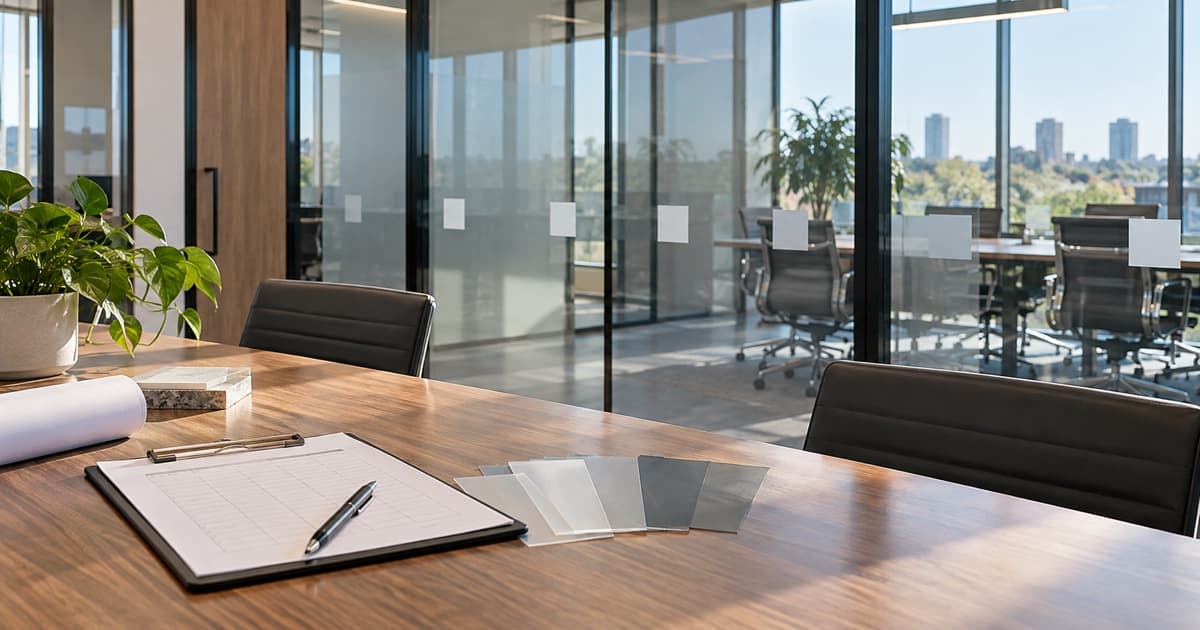 Office glass partitions, unbranded film samples and a blank pane schedule on a clipboard