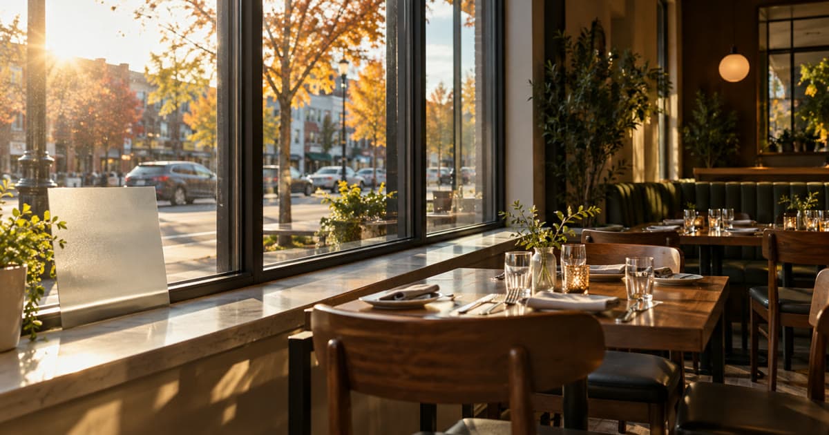 Sunlit restaurant seating beside broad street-facing windows and an unbranded film sample