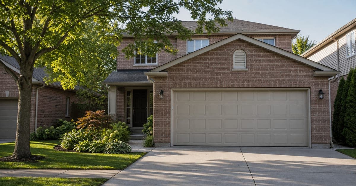 Brick Ontario home with an attached double garage on a quiet residential street