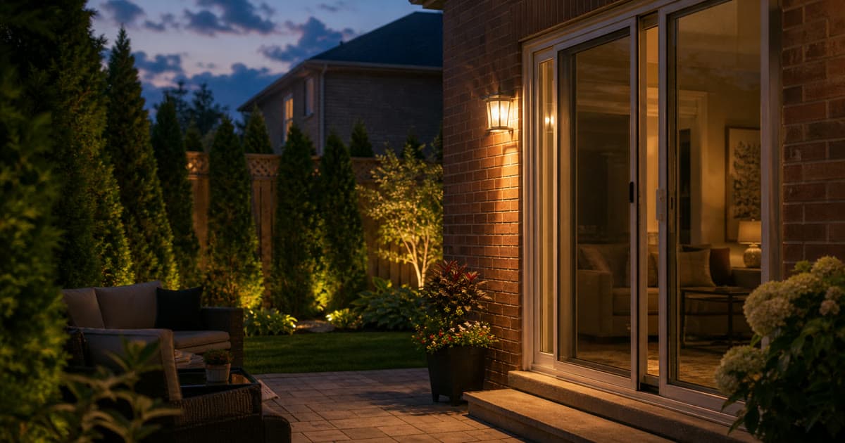 Rear yard of a GTA home at dusk with a patio slider slightly ajar and garden lights on, no people present