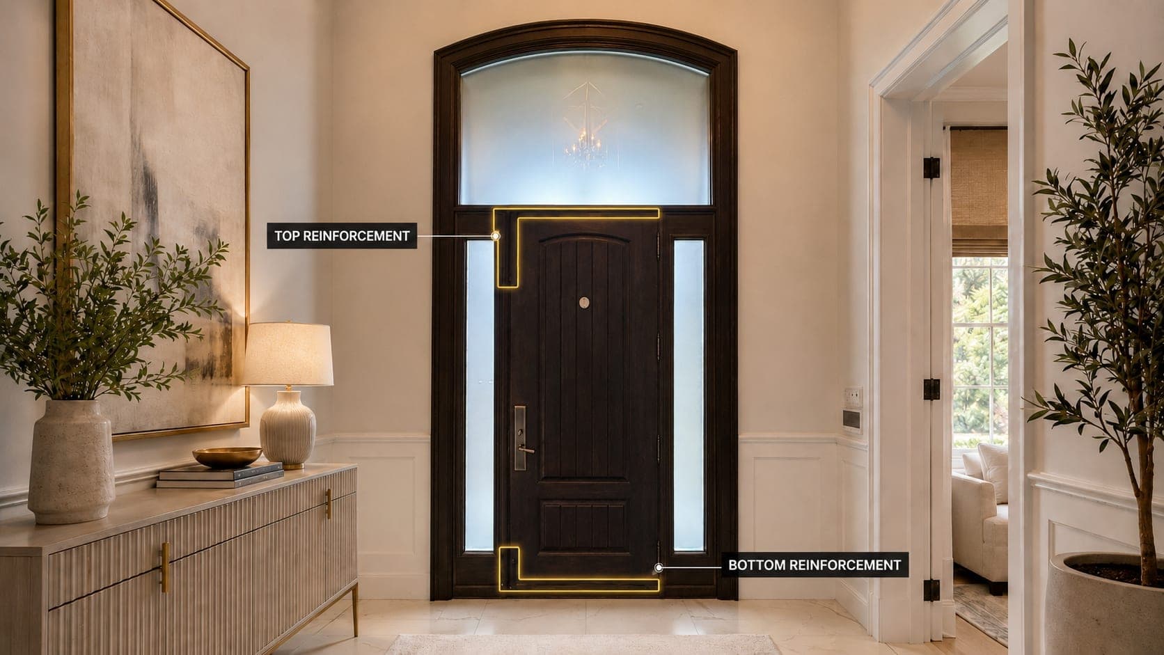 ARX Guard hockey-stick locking system reinforcing a front door frame at top and bottom