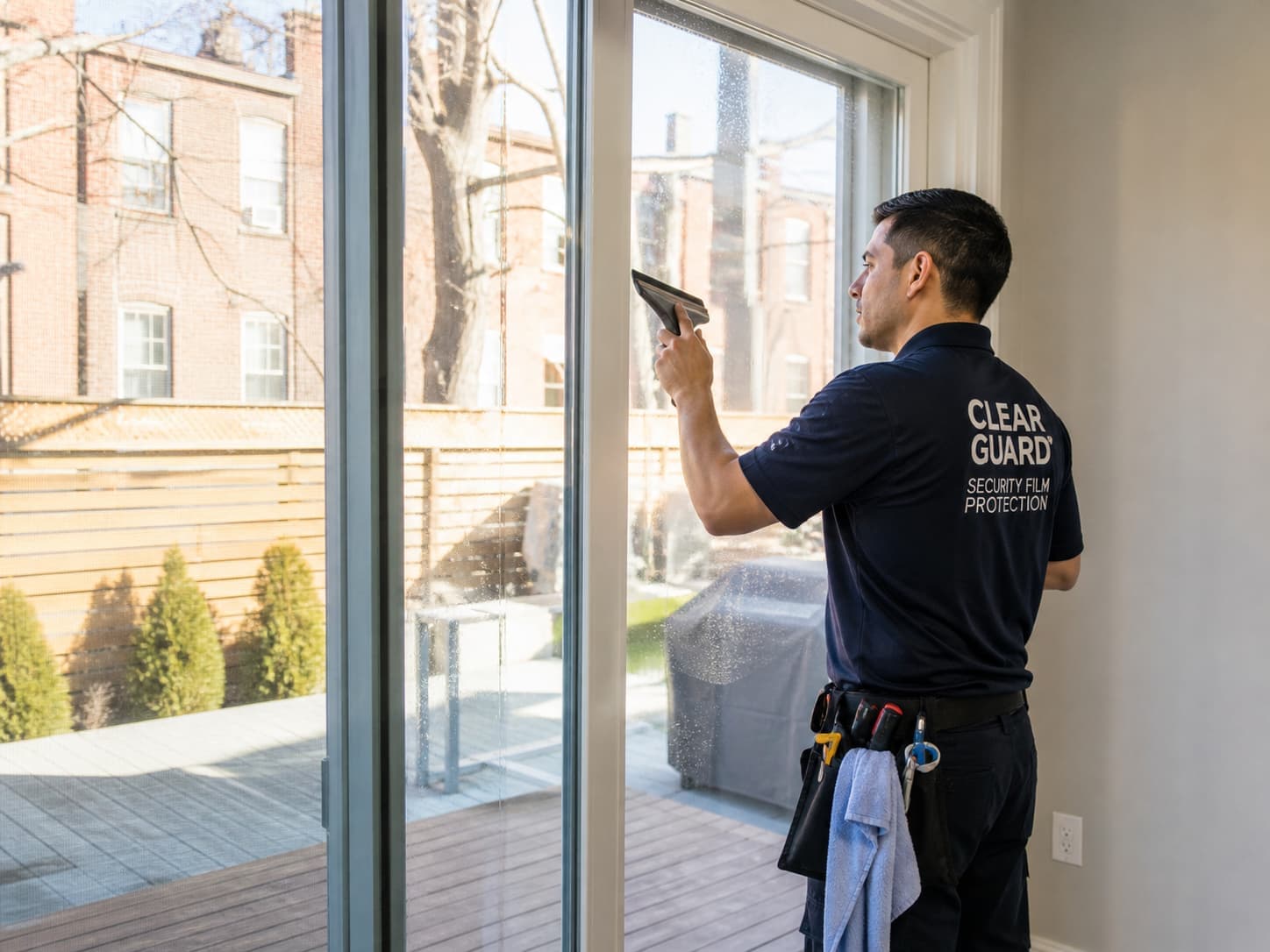Technician cleaning patio door after security film installation