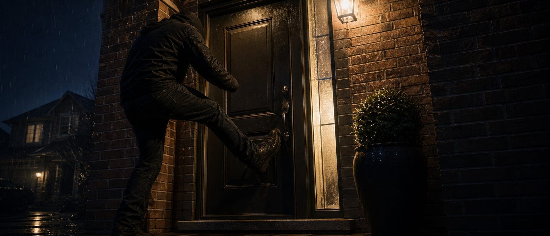 Intruder kicking in a residential front door at night