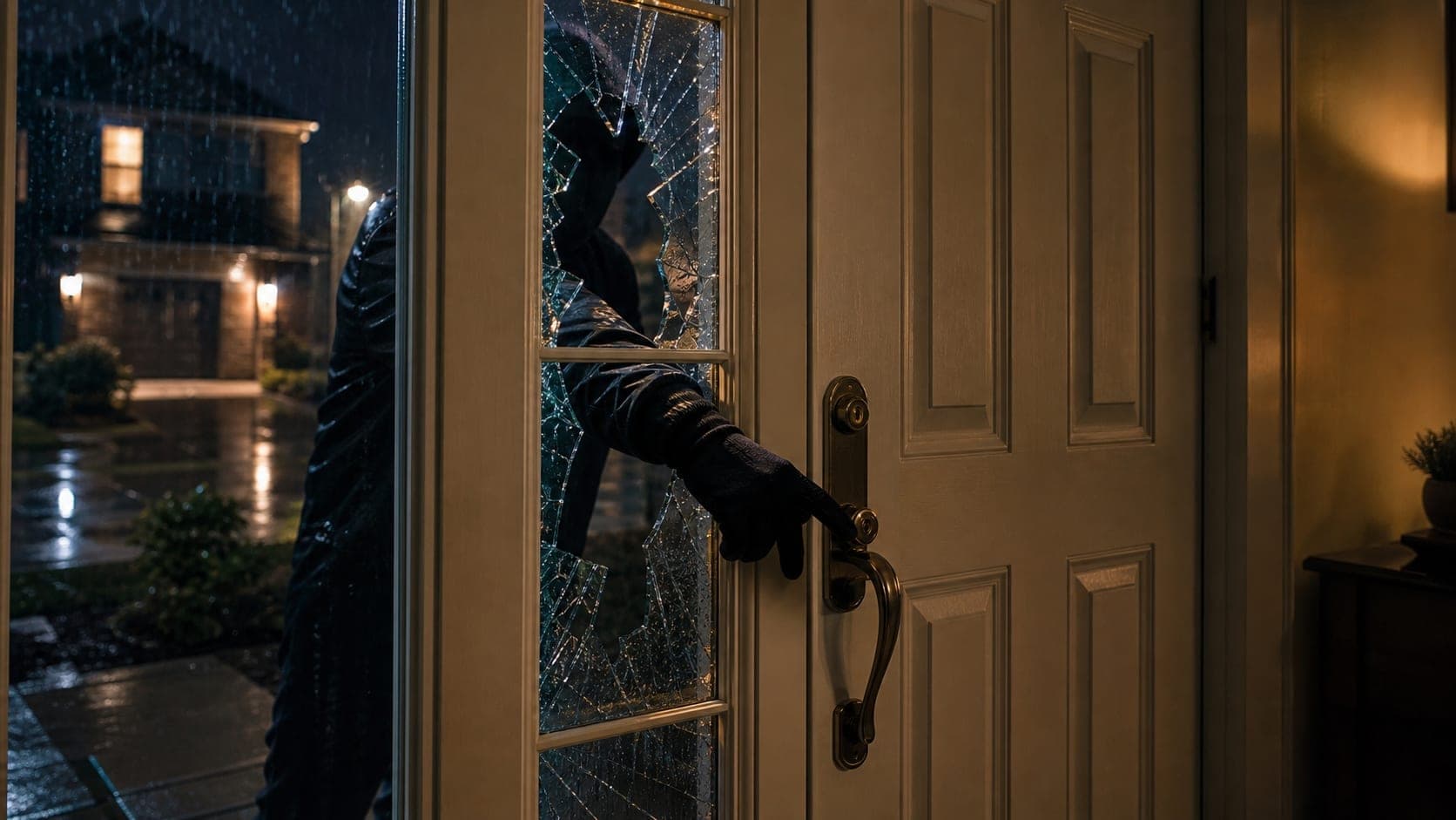 Burglar reaching through broken sidelight glass to unlock front door