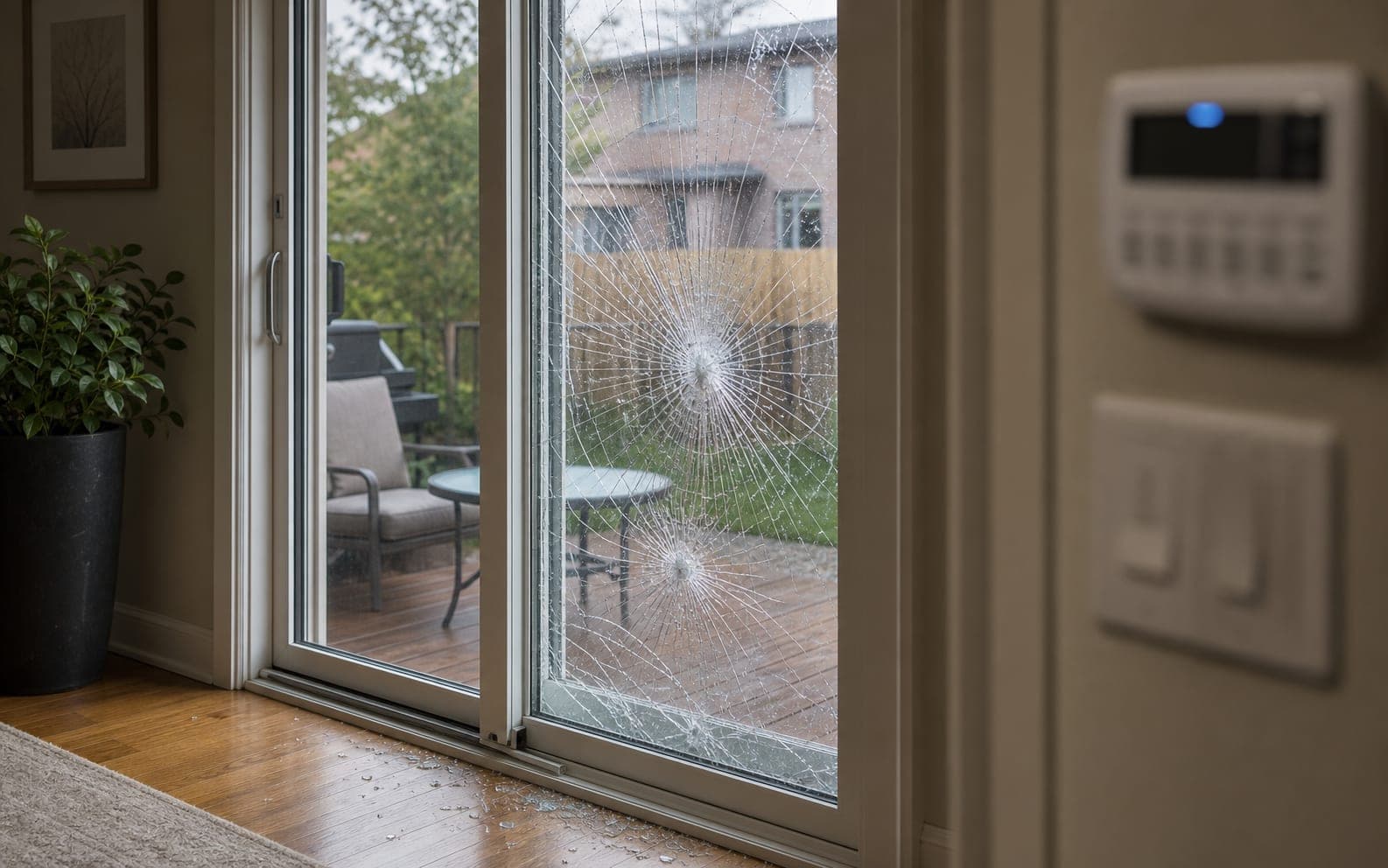 Shattered patio door glass held in place by security film