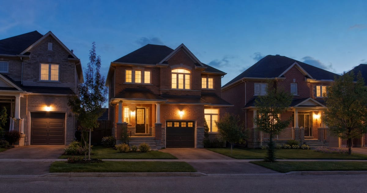 Quiet GTA residential street at dusk with homes lit from inside