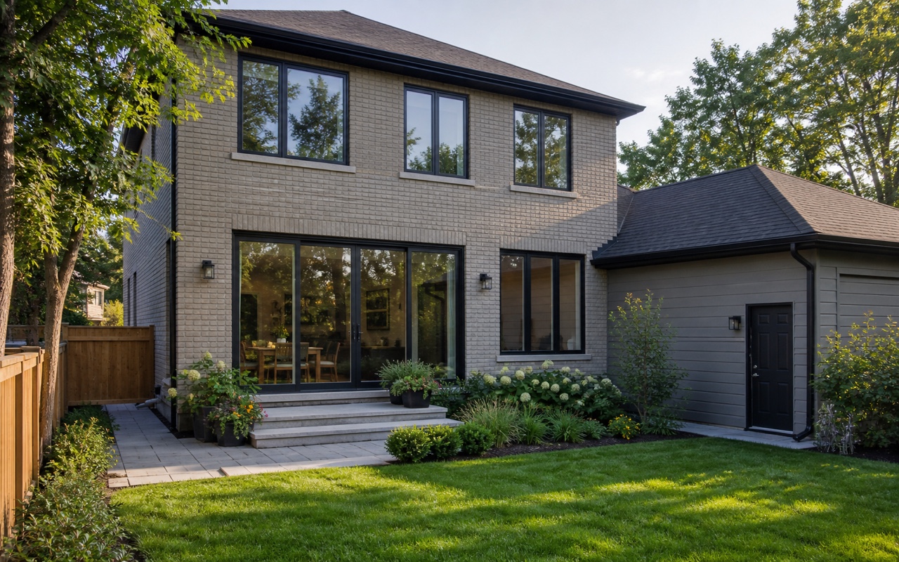 Rear elevation of a Newmarket subdivision home with a large multi-panel sliding glass patio door, tall rear windows facing a deep fenced back yard, and an attached garage with a side service door