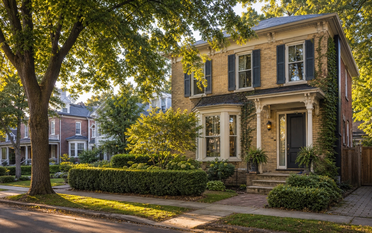 Older Newmarket streetscape near the Main Street heritage core, with an original detached two-storey home, a glass sidelight panel beside the front door, and mature trees in warm late-afternoon light