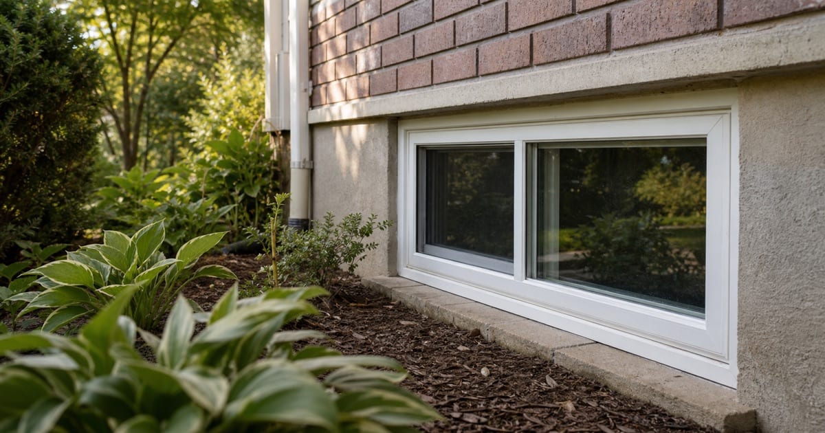 Ground-level view of a basement window on exterior brick or vinyl-sided home